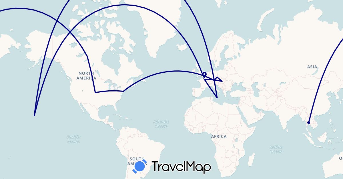 TravelMap itinerary: driving in Canada, Czech Republic, Germany, France, Hungary, Malta, Thailand, United States (Asia, Europe, North America)